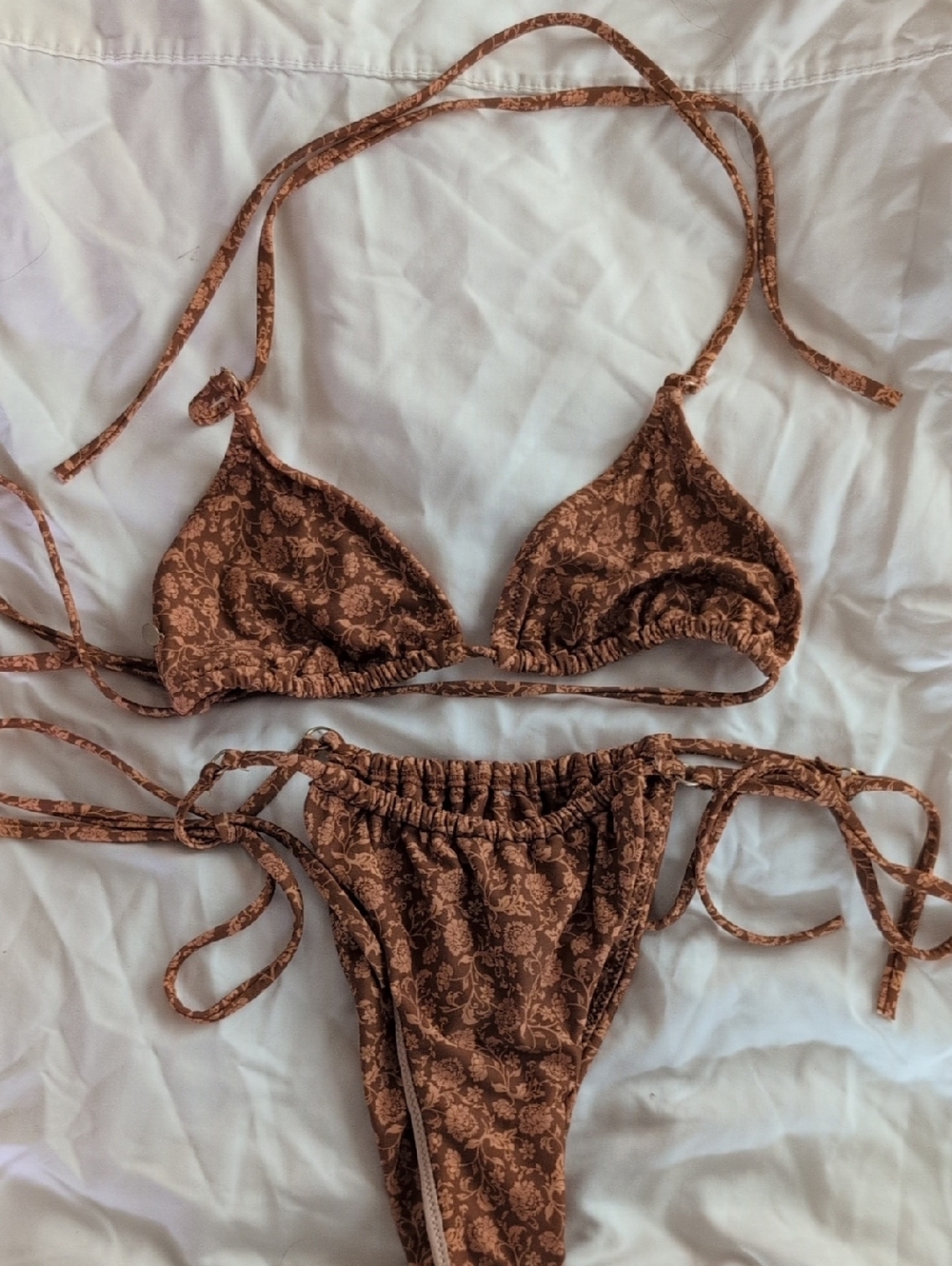 Brown Floral Tie-Side Triangle Bikini Top & Bottom Set